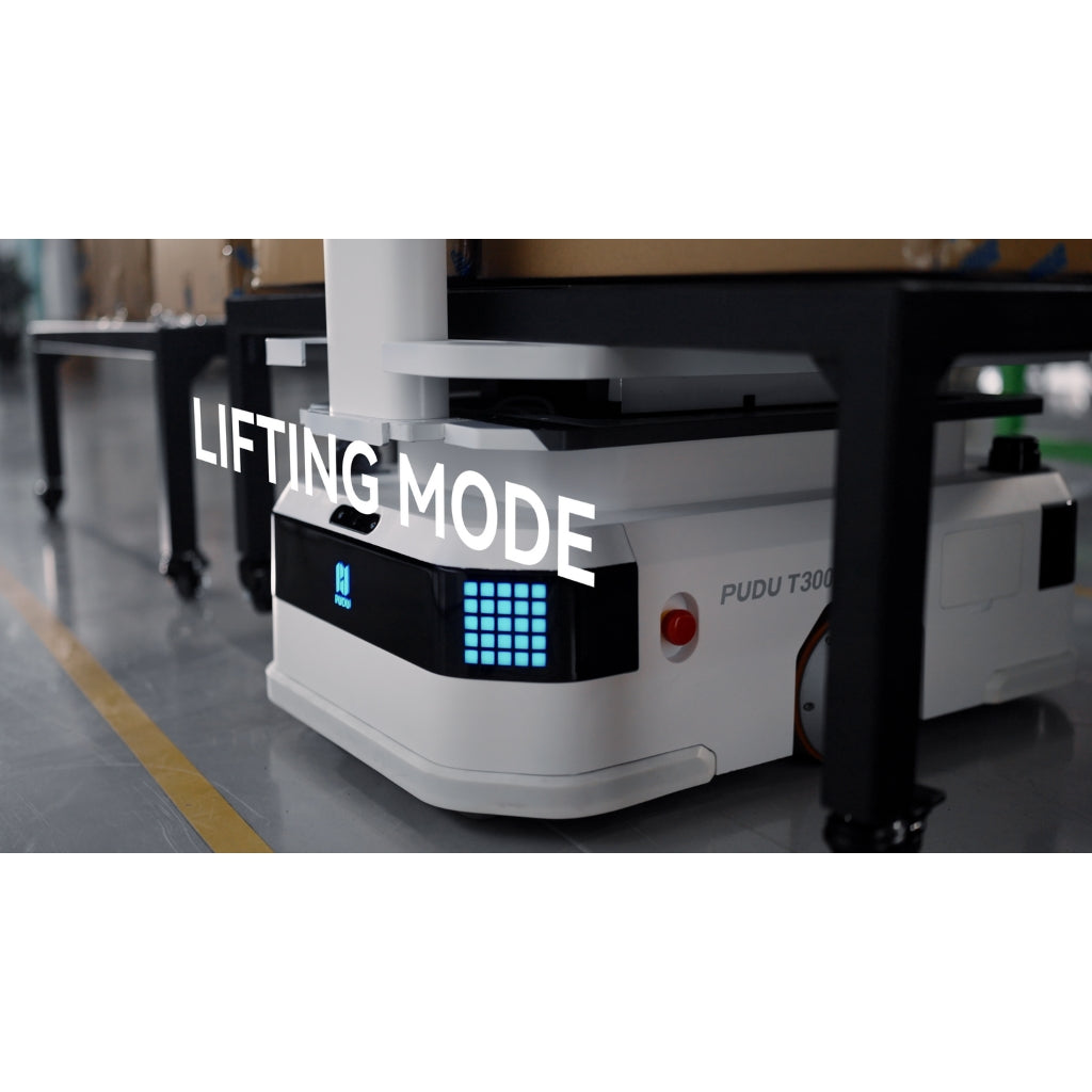 PUDU T300 Lifting Mode autonomously driving under and transporting a pallet rack.