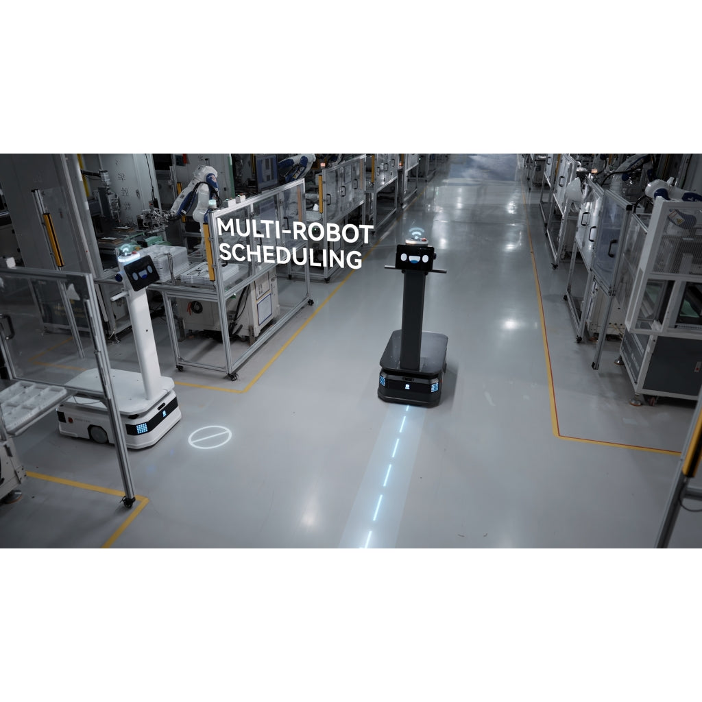 PUDU Scheduler system managing a fleet of T300 robots to ensure smooth traffic flow in narrow aisles.