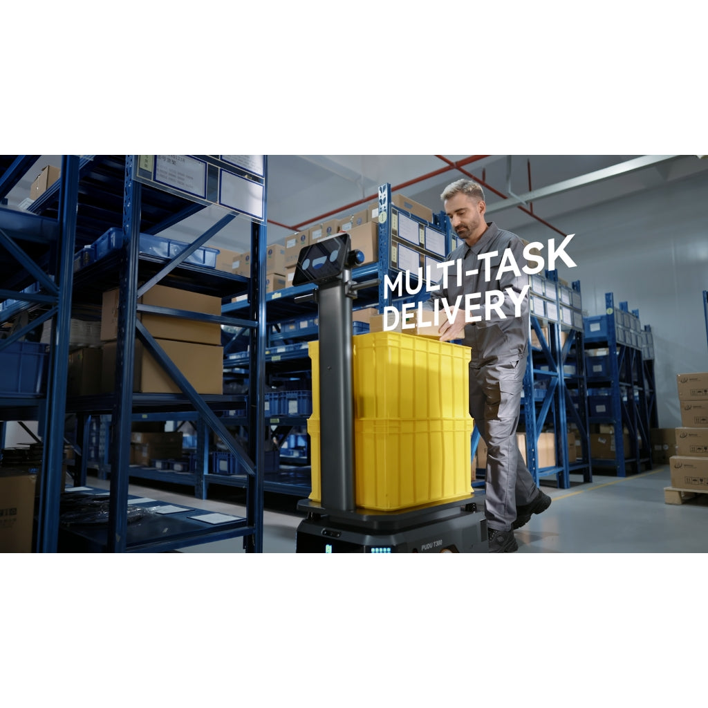 PUDU T300 with multi-task delivery, multiple items being added to yellow crates