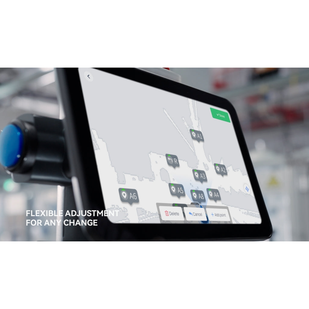 Close-up of the PUDU T300 interface showing real-time mapping, route planning, and node selection.