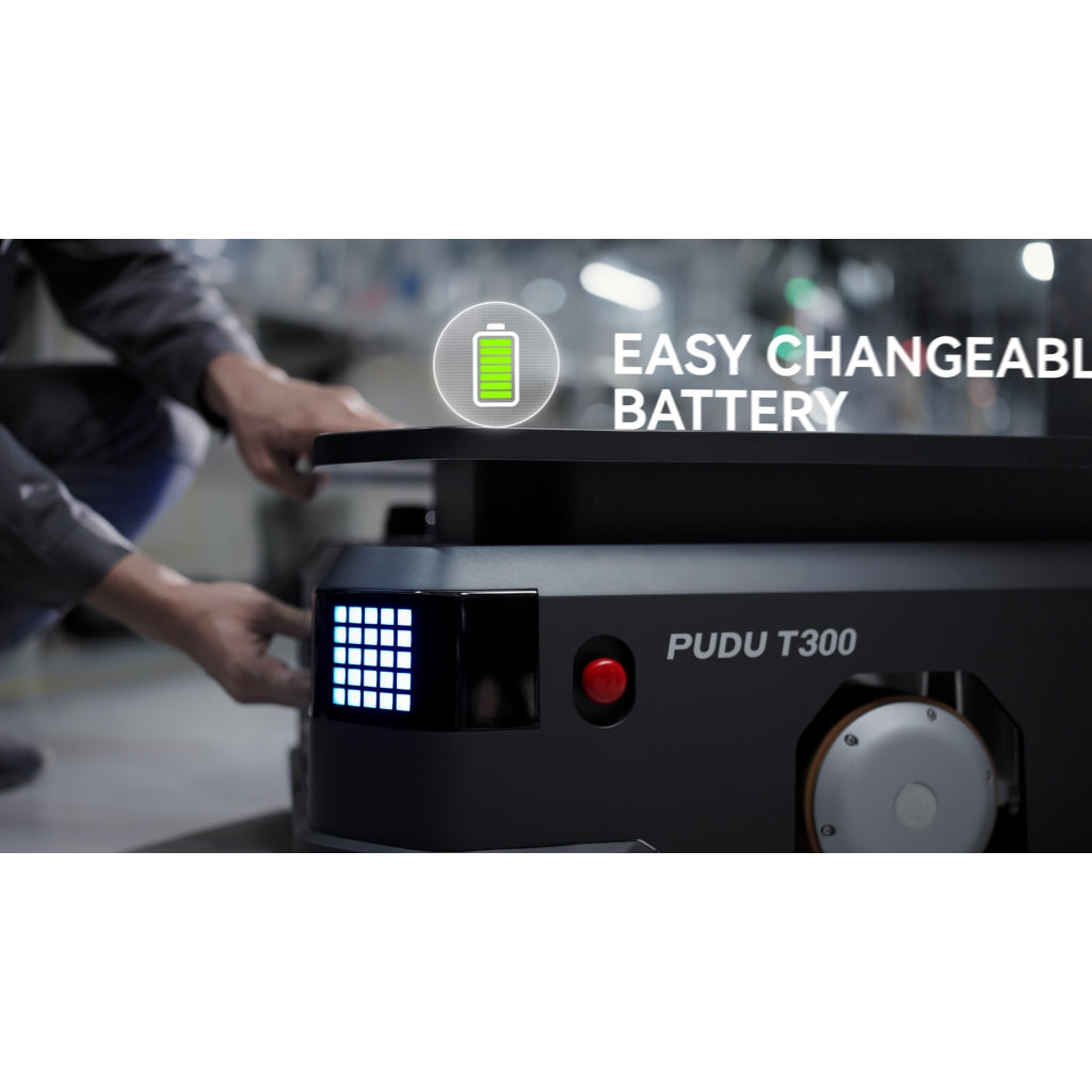 Close-up of the quick-swap battery system on the PUDU T300 allowing for zero downtime.