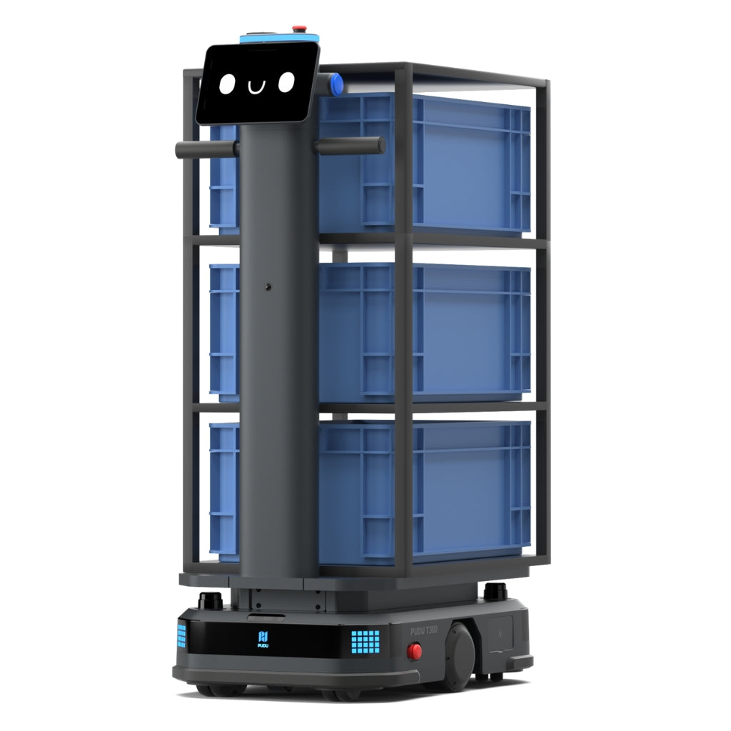 PUDU T300 autonomous mobile robot moving a multi-level shelving unit with blue storage bins.