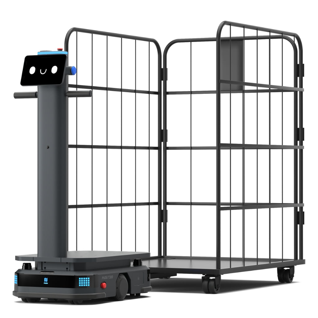 PUDU T300 industrial robot towing a large metal logistics cage for heavy load transport.