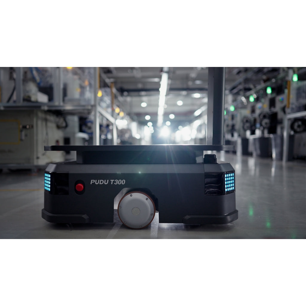 PUDU T300 industrial robot displaying green safety indicators and sensors while navigating a factory floor.