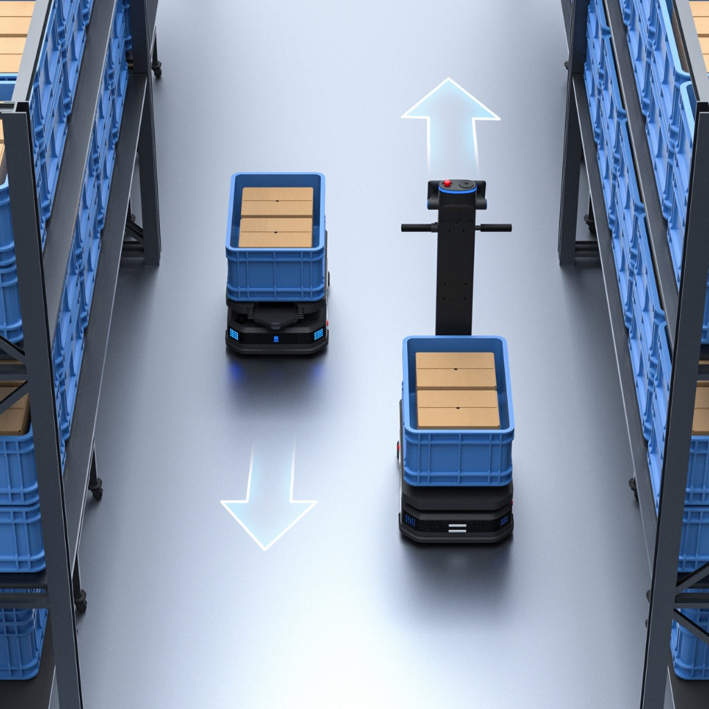 Two PUDU T600 robots passing each other smoothly in a warehouse aisle using VDA5050 coordination.