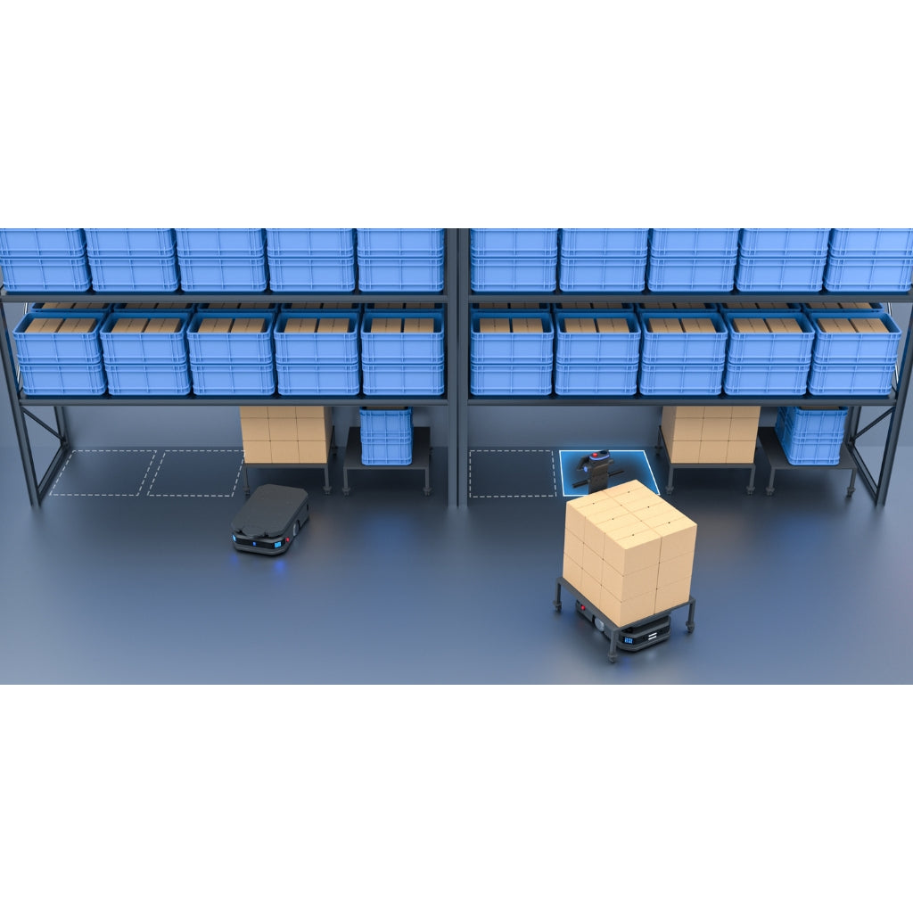 PUDU T600 autonomously detecting and navigating around loose boxes on the warehouse floor.