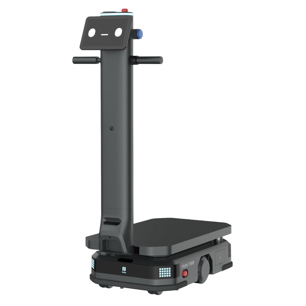 Front-right view of the PUDU T600 heavy-payload delivery robot showing the handle and screen.