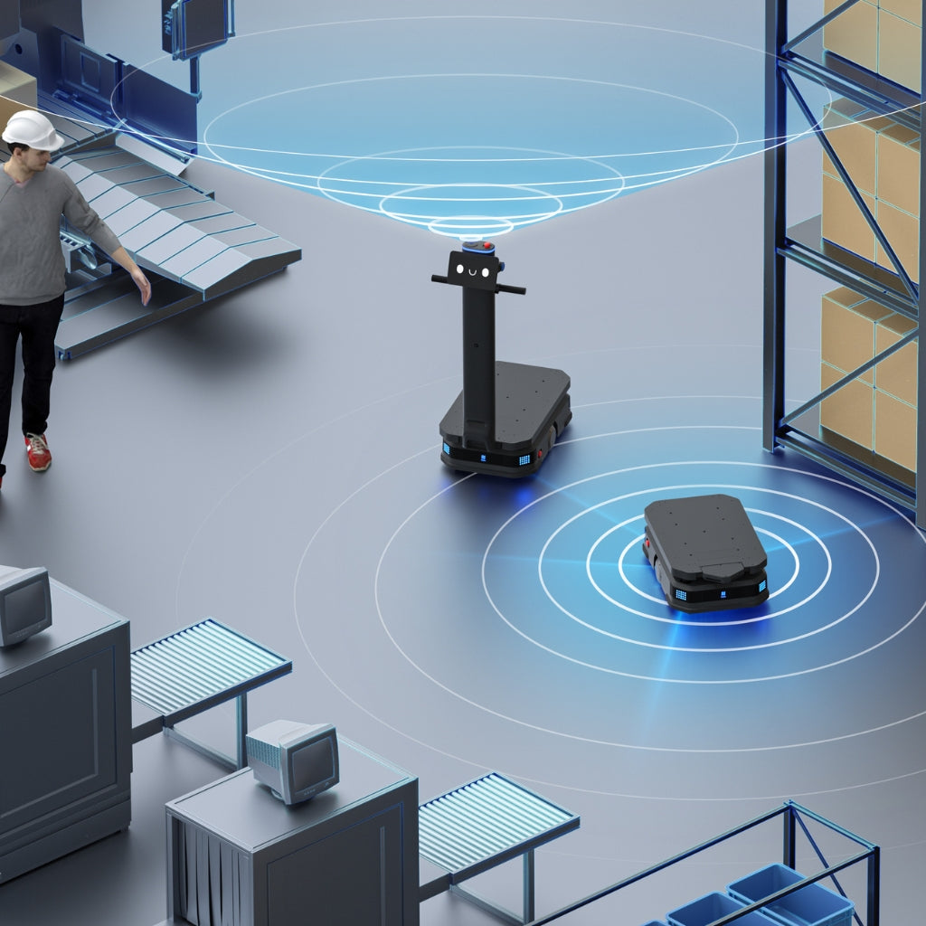 Illustration of PUDU T600 IoT capabilities connecting with automatic doors and factory management systems.