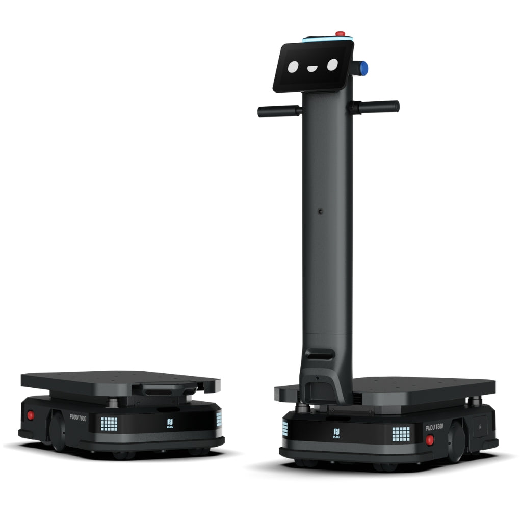 PUDU T600 Series industrial delivery robots, featuring both the Standard heavy-payload model and the low-profile Underride lifting model side-by-side.