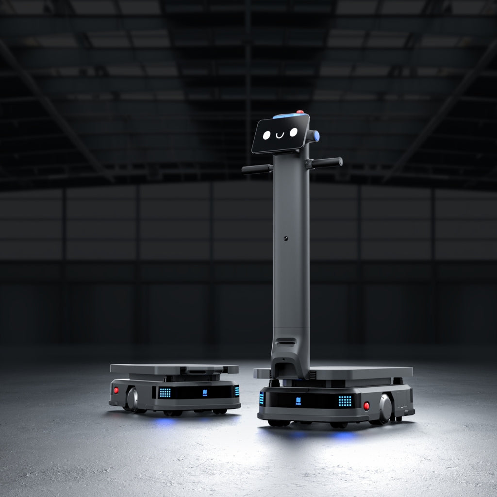 Wide panoramic view of PUDU T600 robots operating autonomously in a large, dimly lit industrial warehouse.