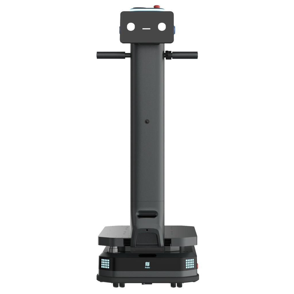 Straight front view of the PUDU T600 Standard model highlighting the navigation sensors and touch screen.