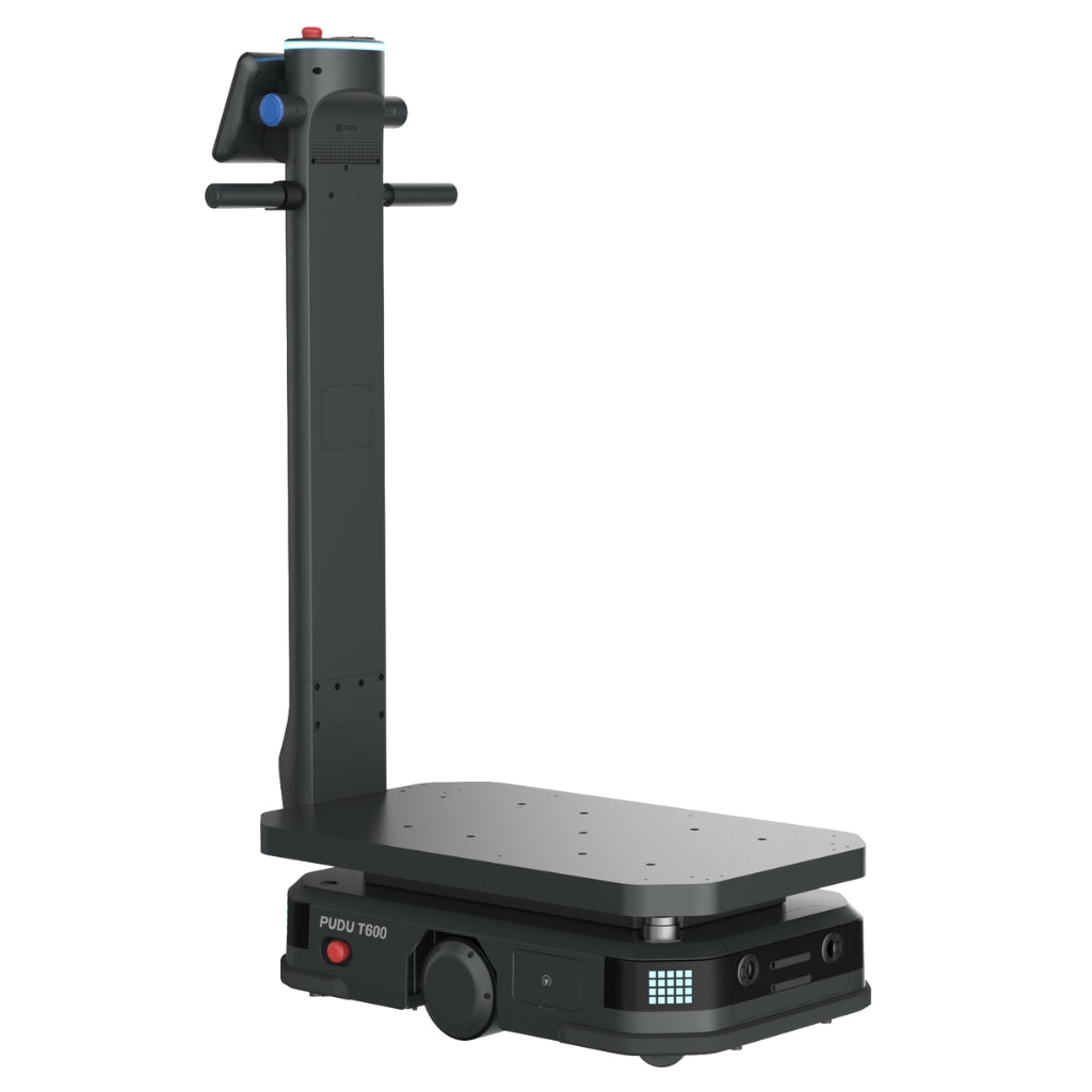 Rear view of the PUDU T600 Standard robot displaying the manual charging port and emergency stop button.