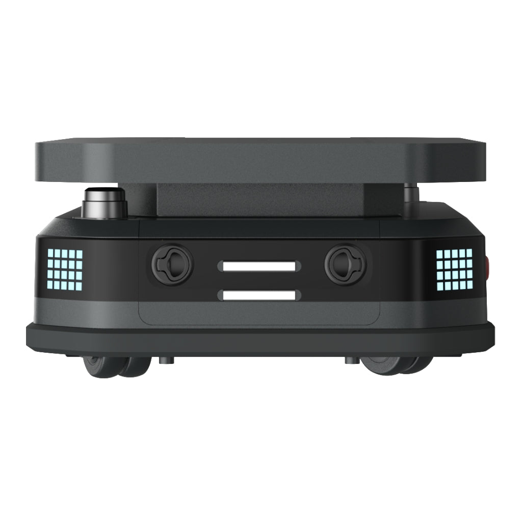 Rear view of PUDU T600 Underride model displaying emergency stop button, safety lights, and charging interface.
