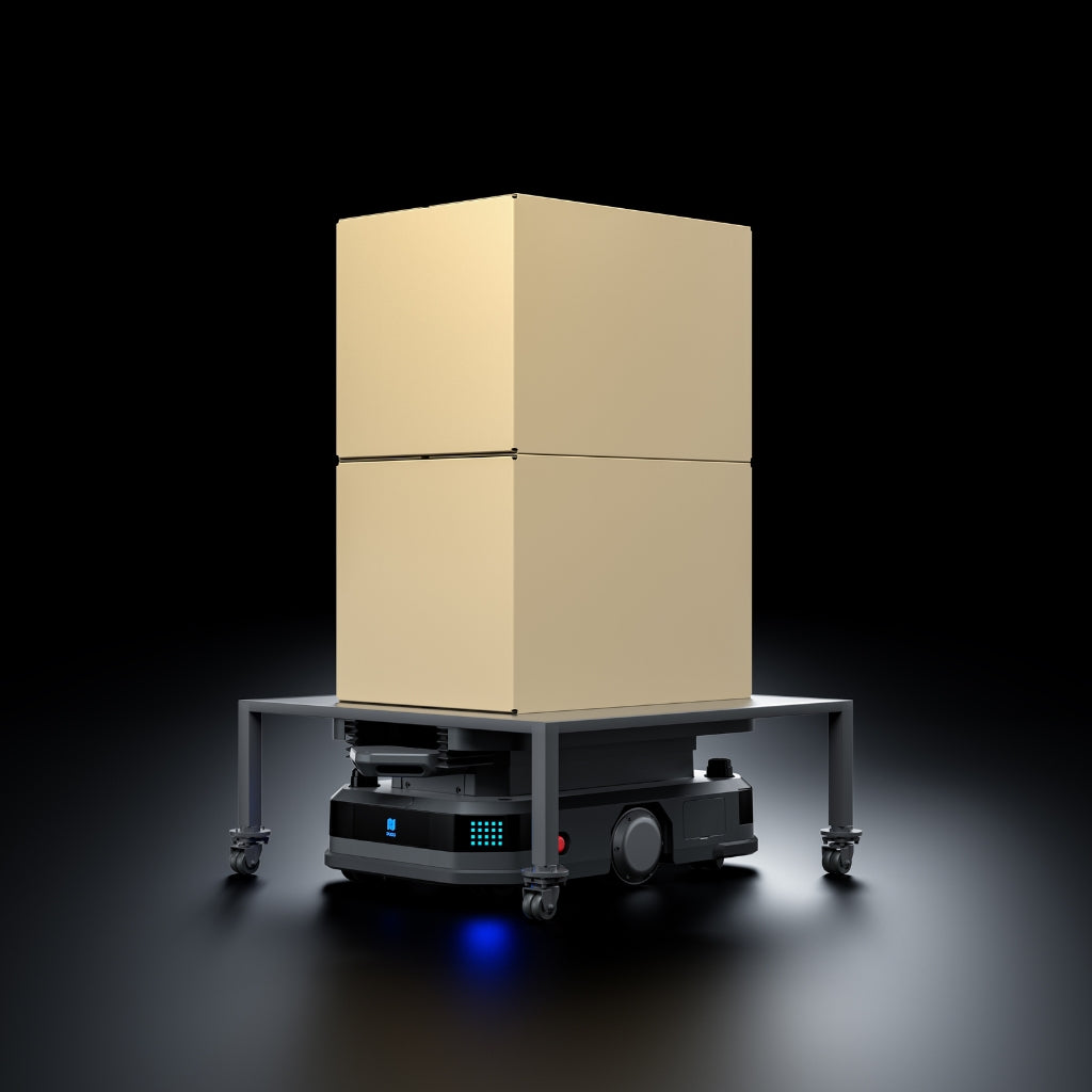 PUDU T600 Underride model using its lifting mechanism to transport a heavy pallet box autonomously.