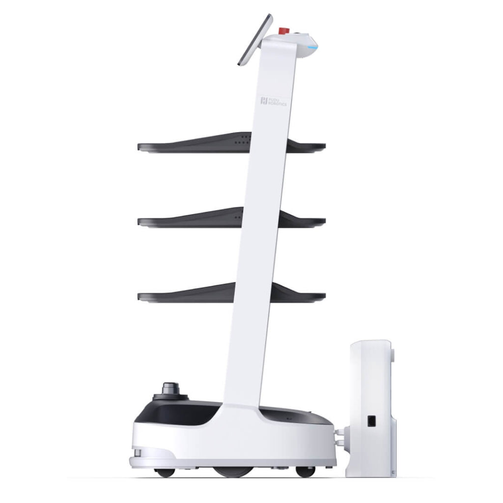 PuduBot 2 universal delivery robot automatically docking at its charging station for continuous 24/7 operation.