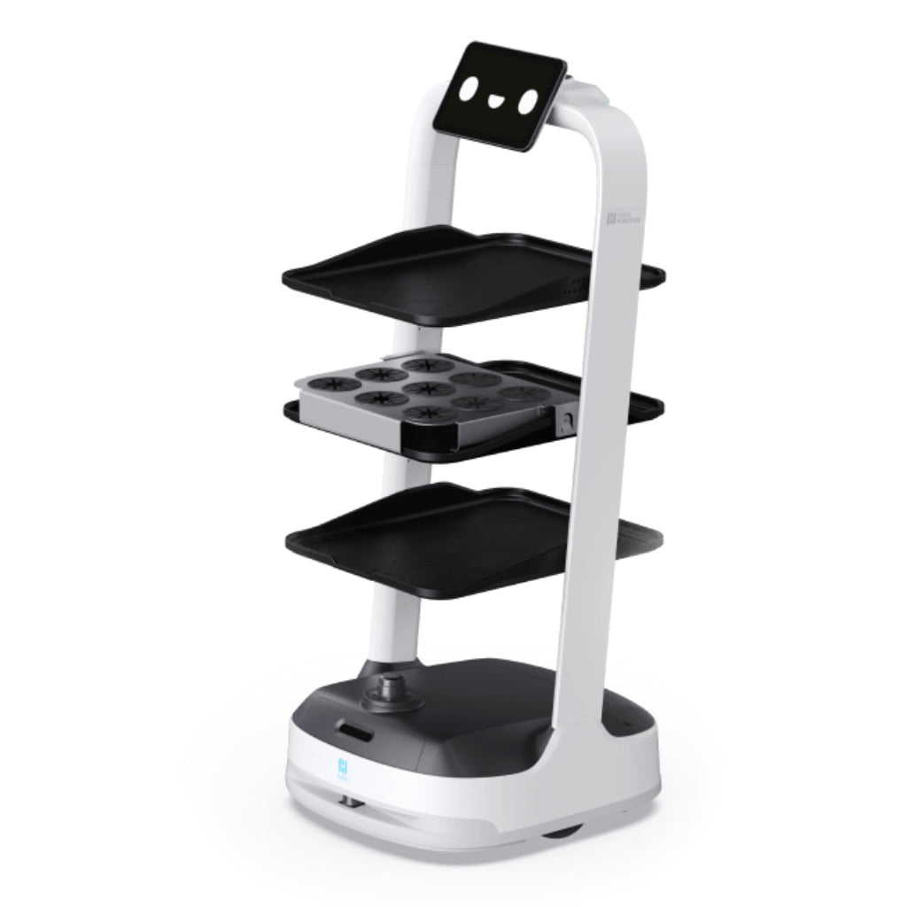 PuduBot 2 equipped with a fixed cup holder attachment for stable and spill-free drink delivery.