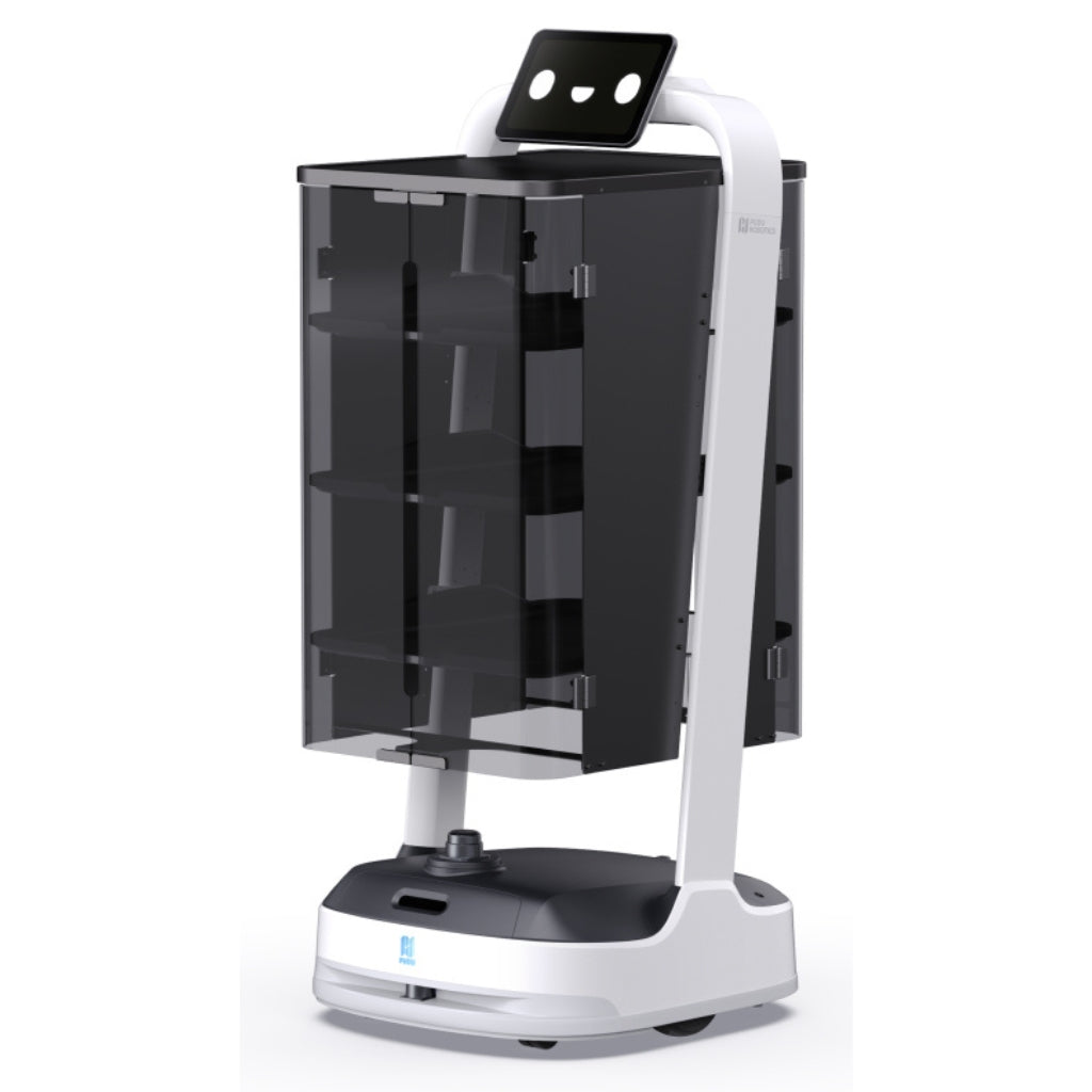 PuduBot 2 configured with an enclosed cabinet attachment for secure, hygienic, and private delivery of goods.