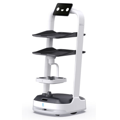 PuduBot 2 fitted with a hanging cup holder accessory designed to transport beverages securely.