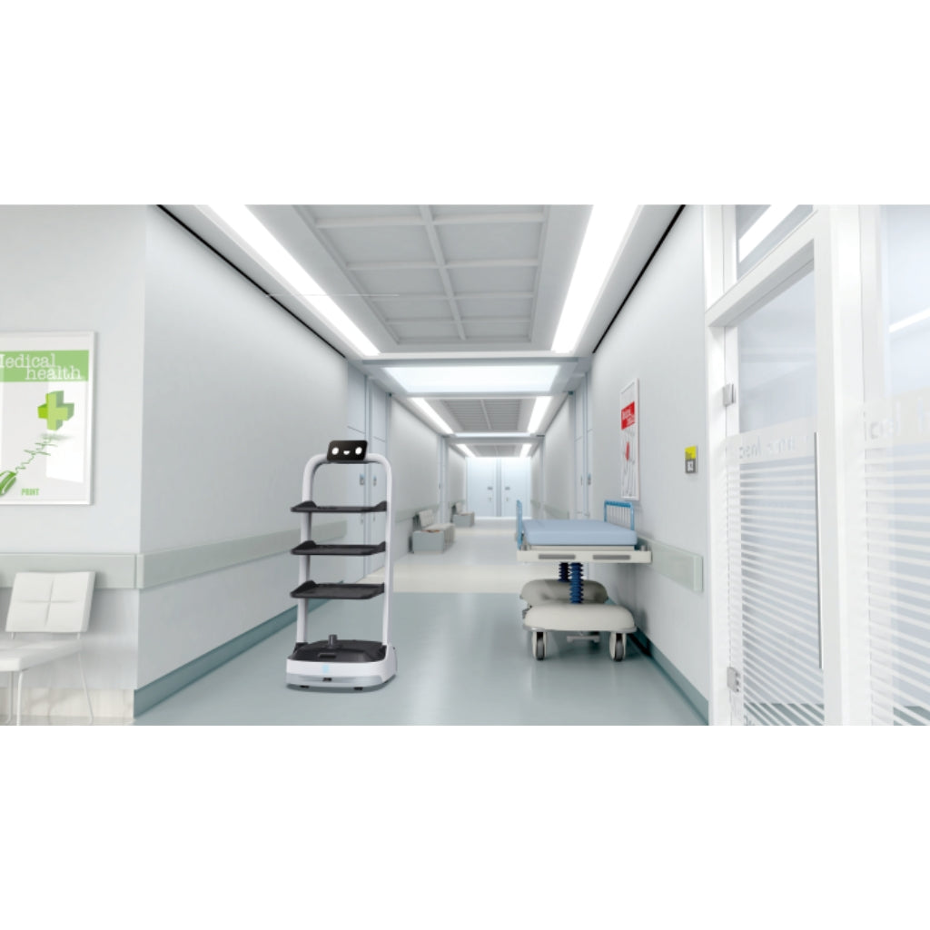 PuduBot 2 navigating a sterile hospital corridor for contactless delivery of medical supplies.
