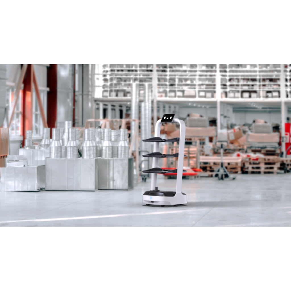 PuduBot 2 transporting small parts and tools autonomously in a busy manufacturing factory environment.