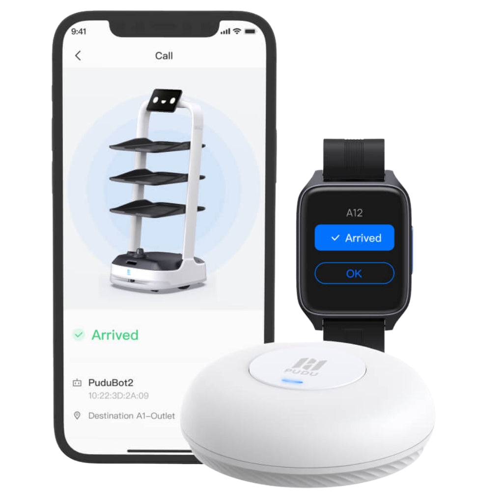 PuduBot 2 calling ecosystem showing smartphone app, LoRa pager, and smartwatch notification integration.