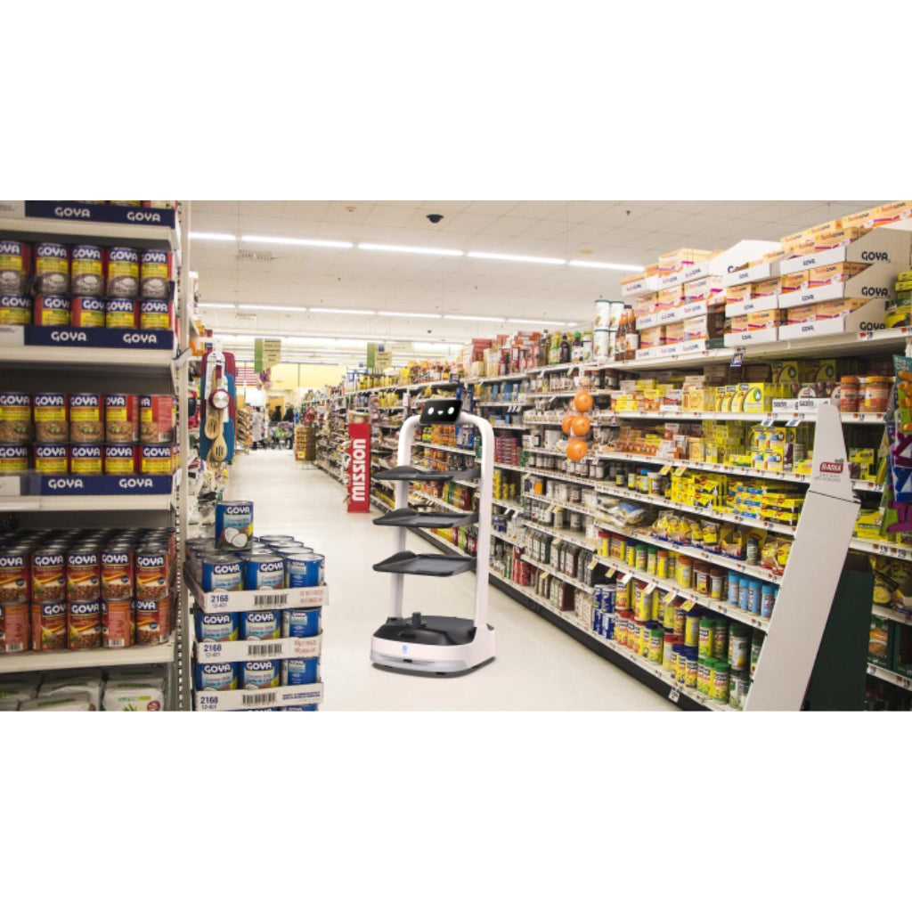 PuduBot 2 acting as a mobile shelf and promotional display in a supermarket retail aisle.