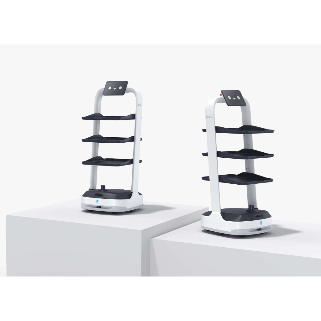 Display showing multiple PuduBot 2 units, highlighting the versatile tray configurations for different industries.
