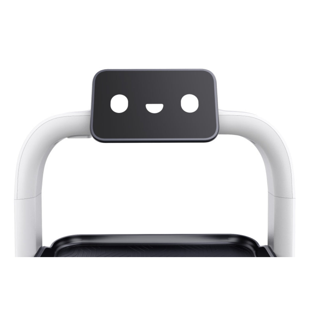 Close-up of the PuduBot 2 interactive touch screen and friendly robot face expression for user interaction.