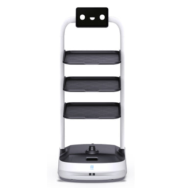 Front view of the PuduBot 2 universal delivery robot featuring marker-less VSLAM+ navigation sensors.